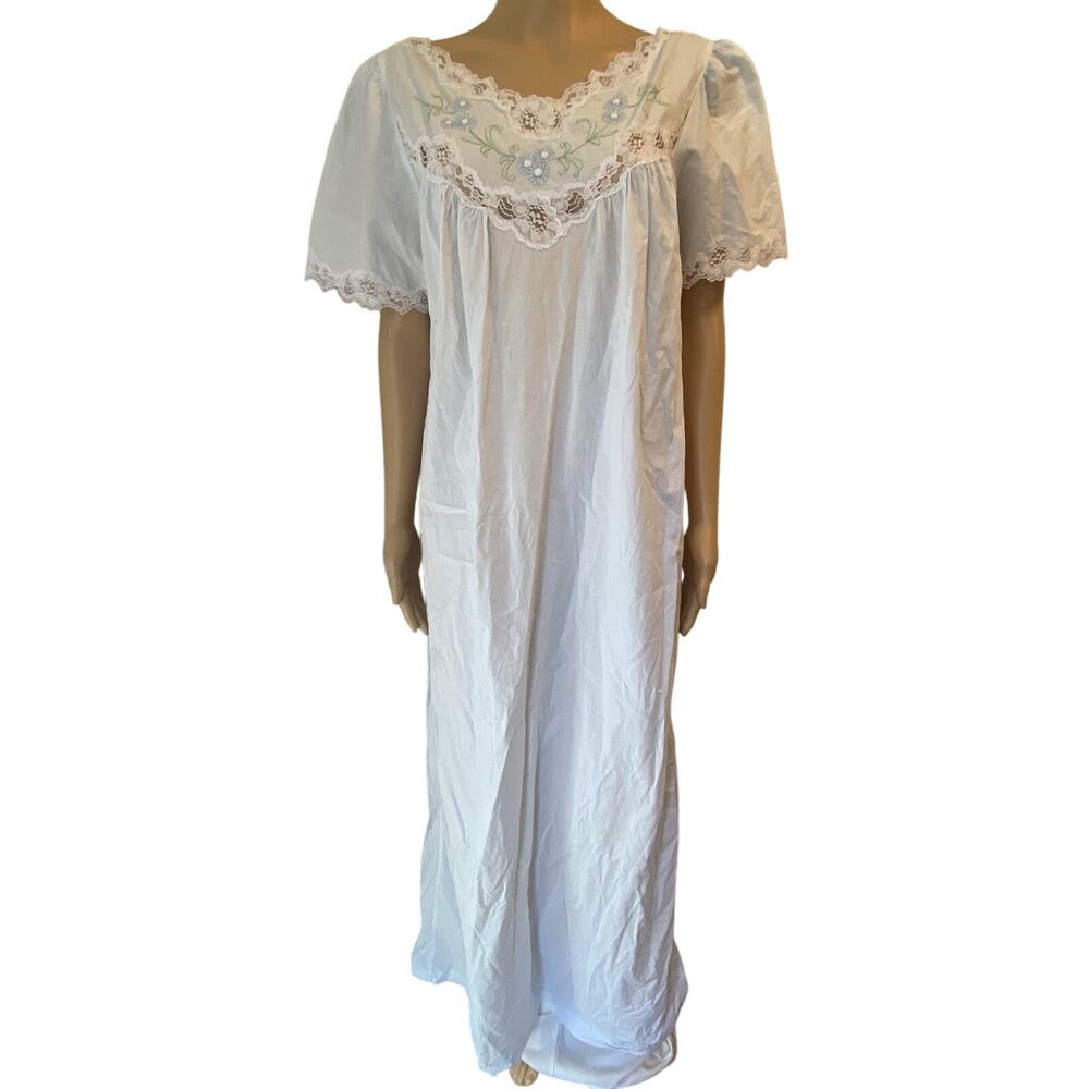 Vintage 80's Maxi Gown house dress Handmade Floral Embroidery Lace Trim Blue XL